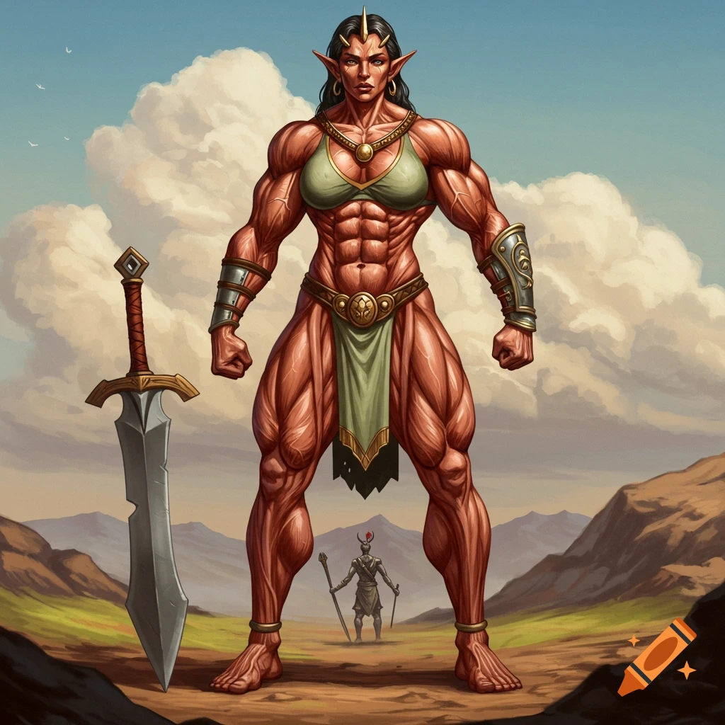 Very muscular female fantasy warrior elf with sword in a desert landscape