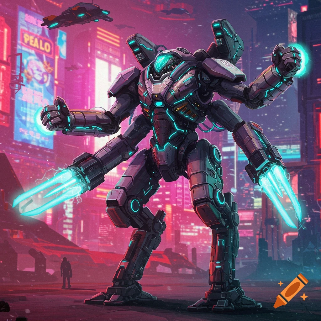 A four-armed mech suit with energy weapons stands in a cyberpunk city.