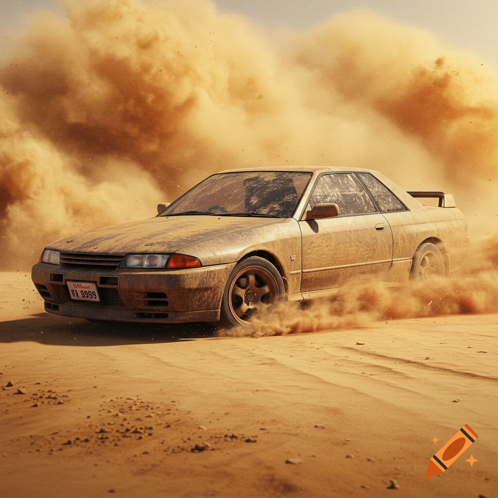 Dirty Nissan Skyline drives through a desert sandstorm