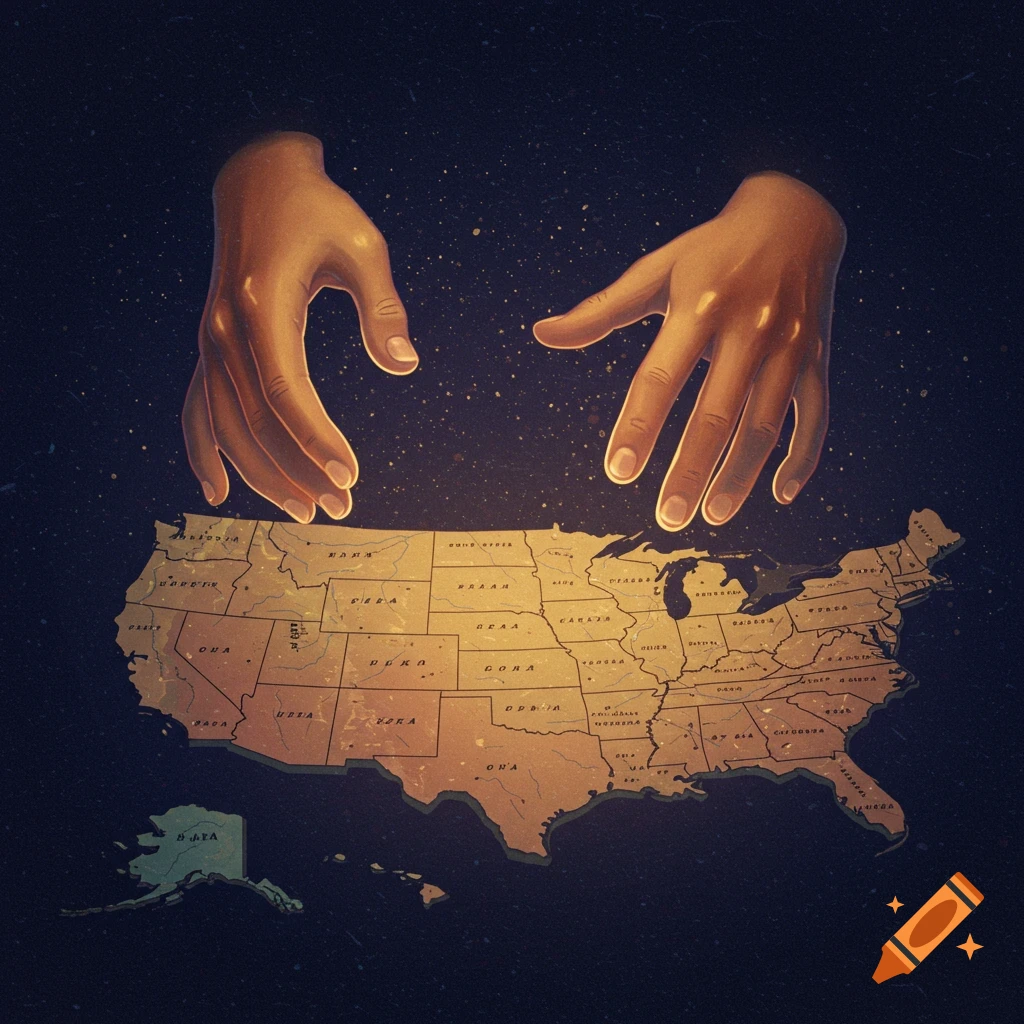 Illustration of two hands over a map of the United States