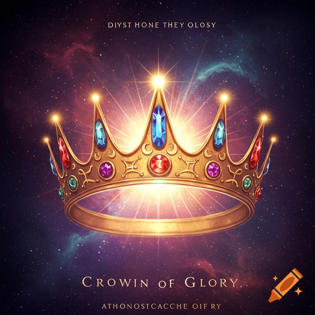 A golden crown with colorful jewels floats in space against a backdrop of stars and nebulae.