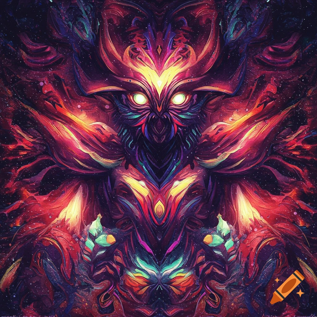 Abstract, vibrant, cosmic creature with glowing eyes
