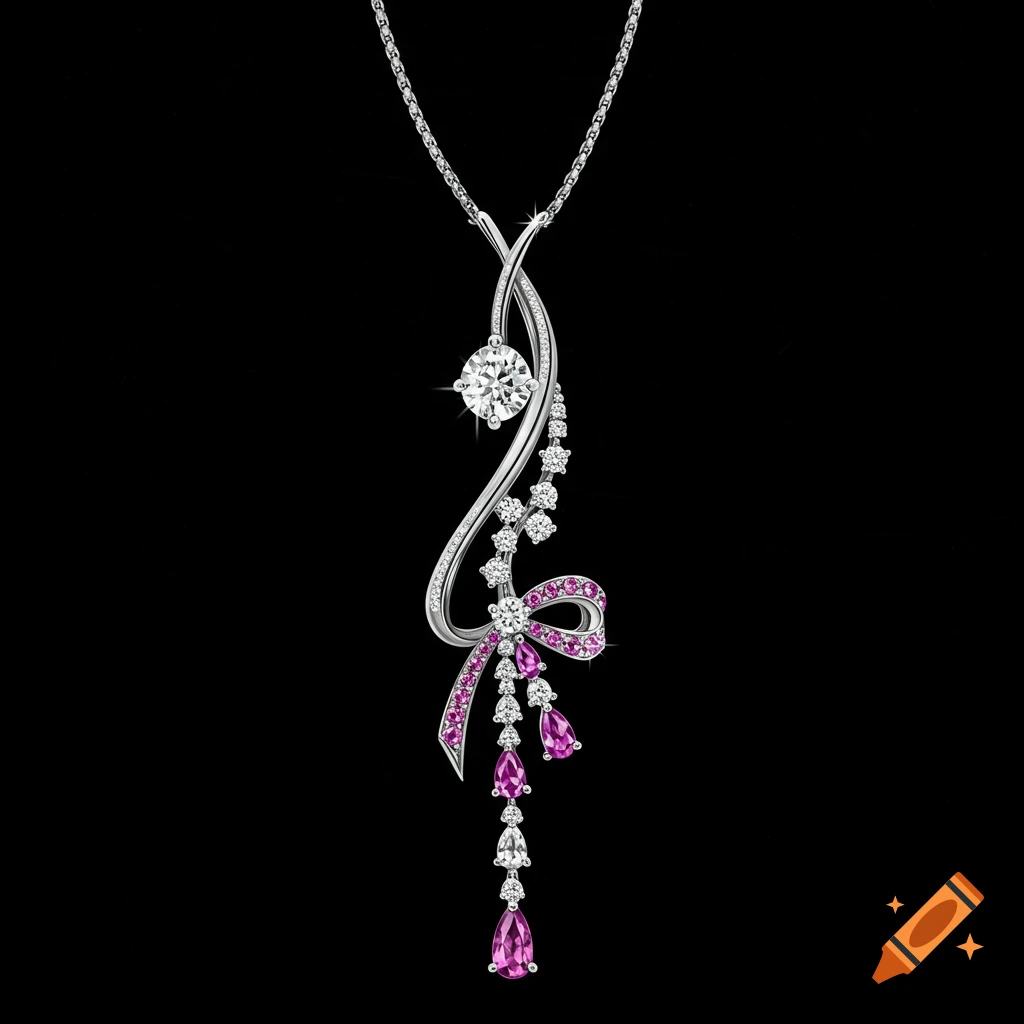 Elegant silver necklace pendant with diamond, pink ribbon, and pink teardrop gems on black.