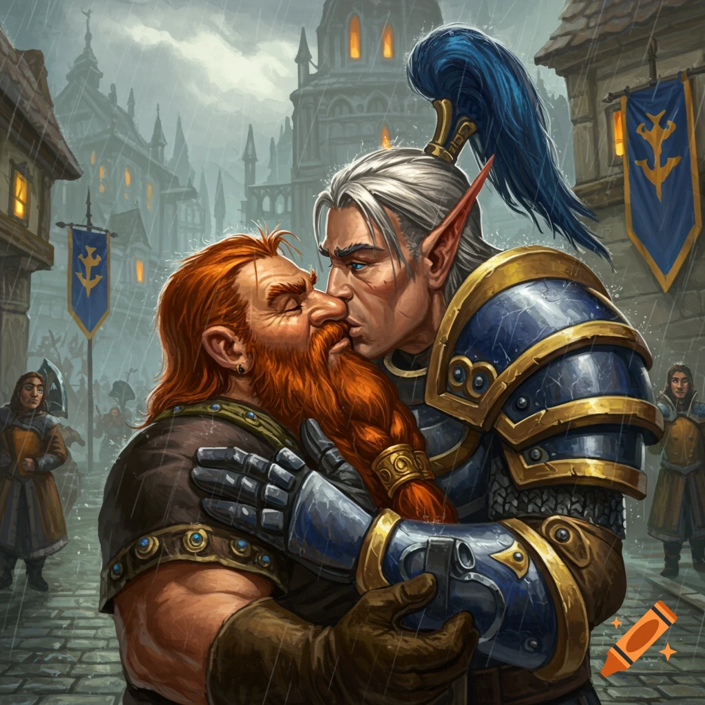A dwarf kisses an armored male character in a rainy fantasy city street.