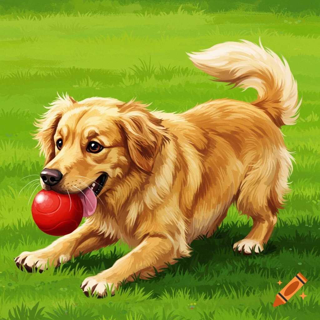 An illustration of a golden retriever dog playing with a red ball in the grass.