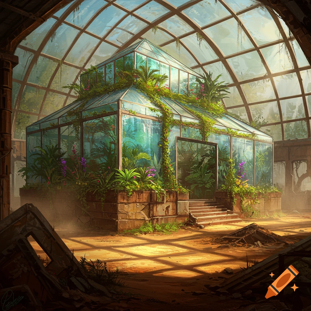Overgrown greenhouse in a ruined building, sunlight streaming onto the sandy floor.