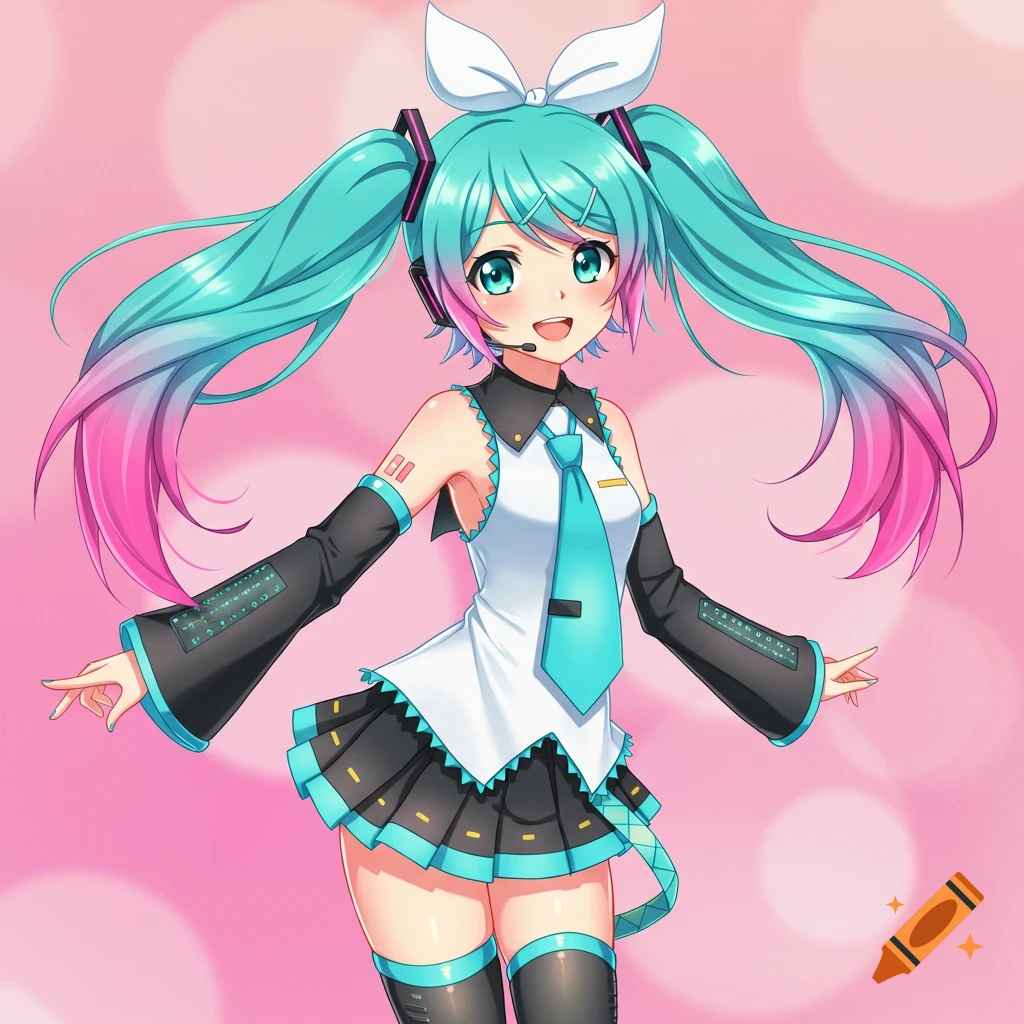 Anime character with long blue-green pigtails and pink tips, wearing a uniform, against a pink background with bokeh.