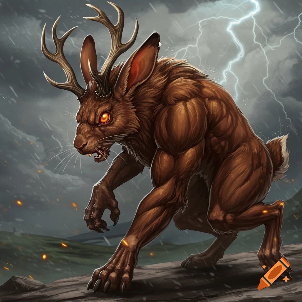 Muscular jackalope creature in rain with lightning