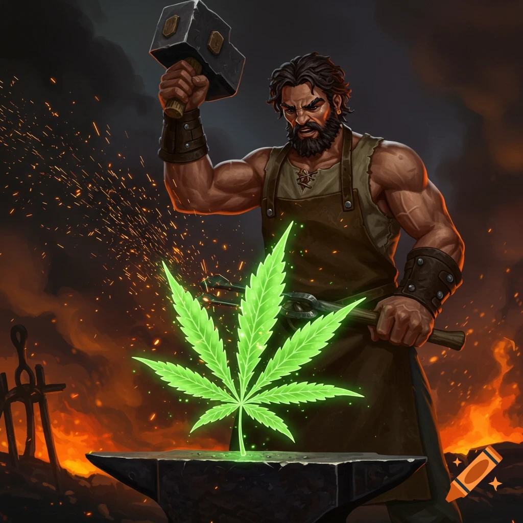 A muscular blacksmith hammers a glowing green cannabis leaf on an anvil in a fiery forge with sparks flying.