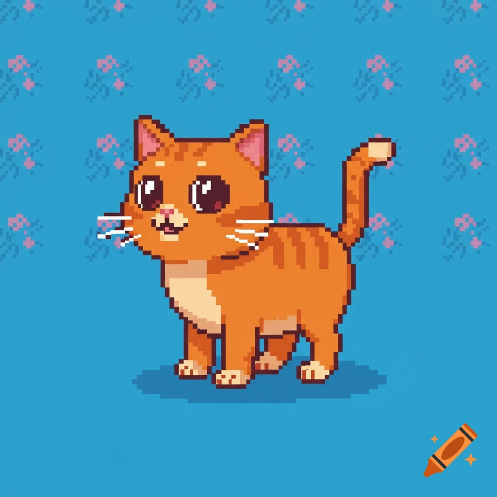 A pixel art orange cat stands on a blue background with a repeating pink flower pattern.
