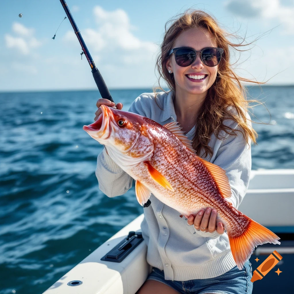 A smiling woman holds a fish and a fishing rod on a boat in the ocean.