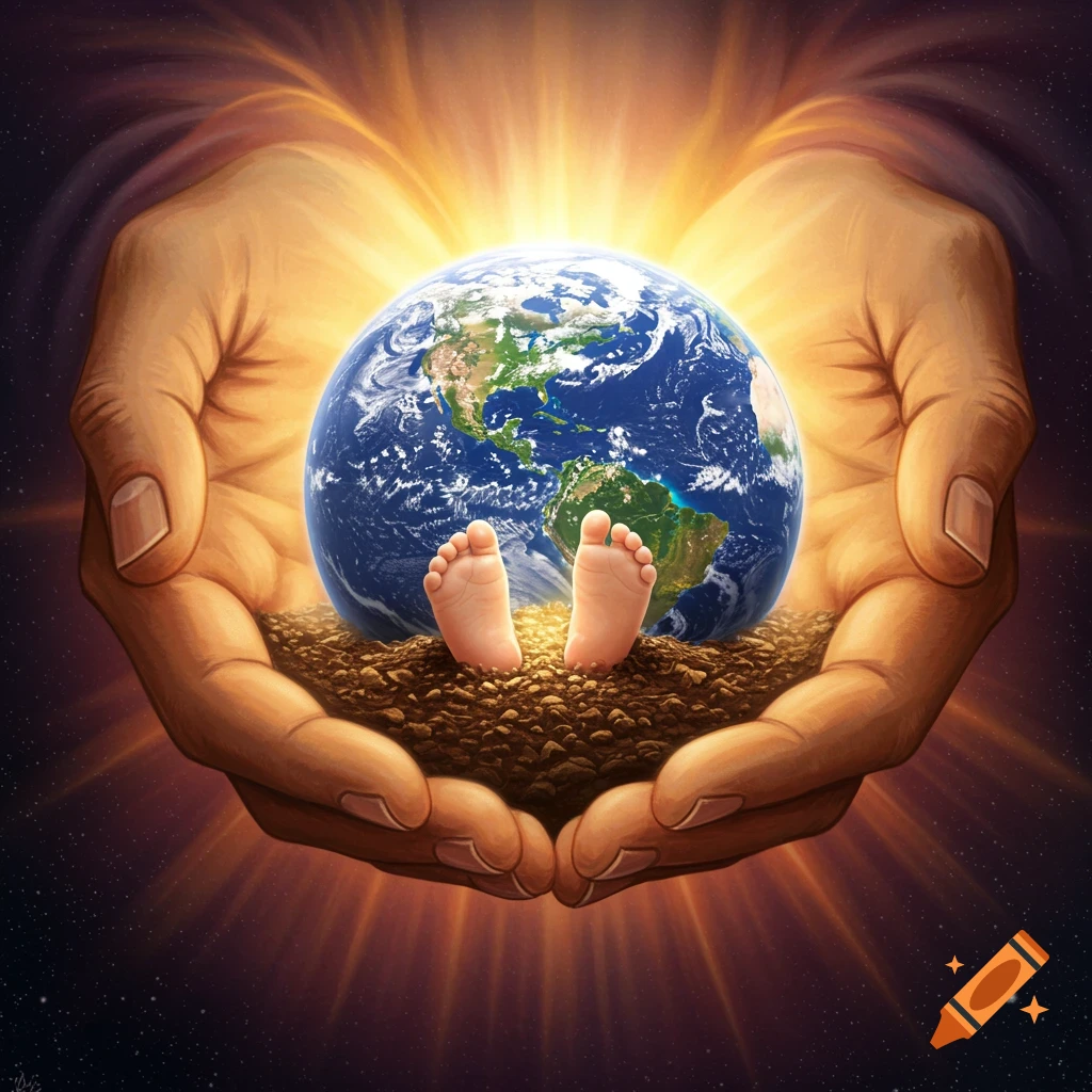 Large hands hold the Earth with baby feet growing from soil on top, bathed in bright light in space.
