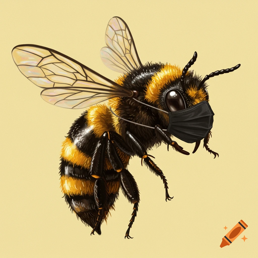 A detailed illustration of a fluffy bumblebee wearing a black face mask on a yellow background.