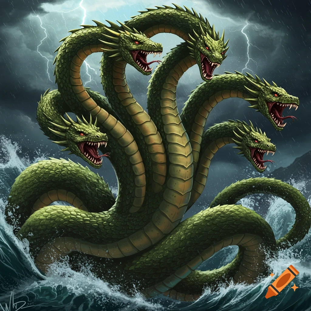 A large green hydra with multiple heads rises from stormy seas under lightning. Digital illustration.