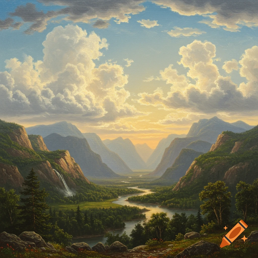 A landscape painting in the style of the Hudson River School showing a river winding through a mountain valley with cloudy skies and sunrays.