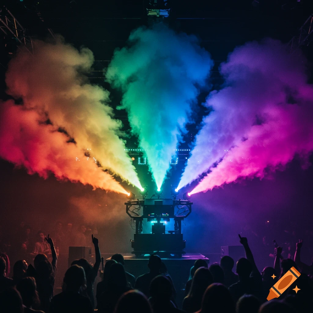 A stage fills with rainbow colored smoke from machines, seen from the perspective of a crowd.