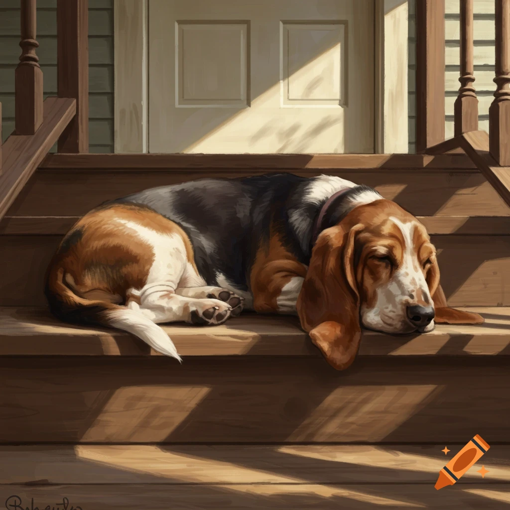 Basset hound sleeping on wooden porch stairs in sunlight.