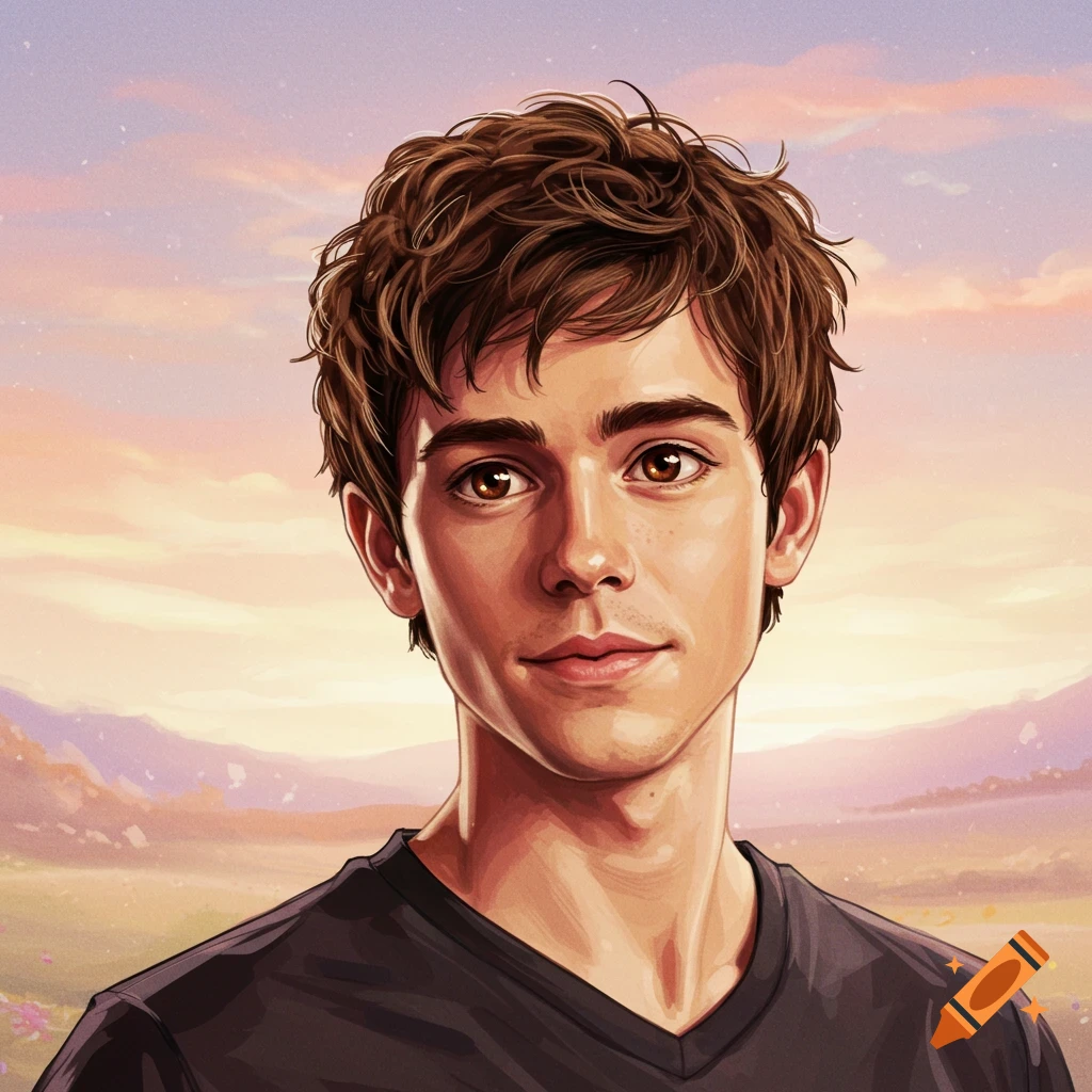 Illustrative portrait of a young man with brown hair and eyes against a pastel sky and landscape.