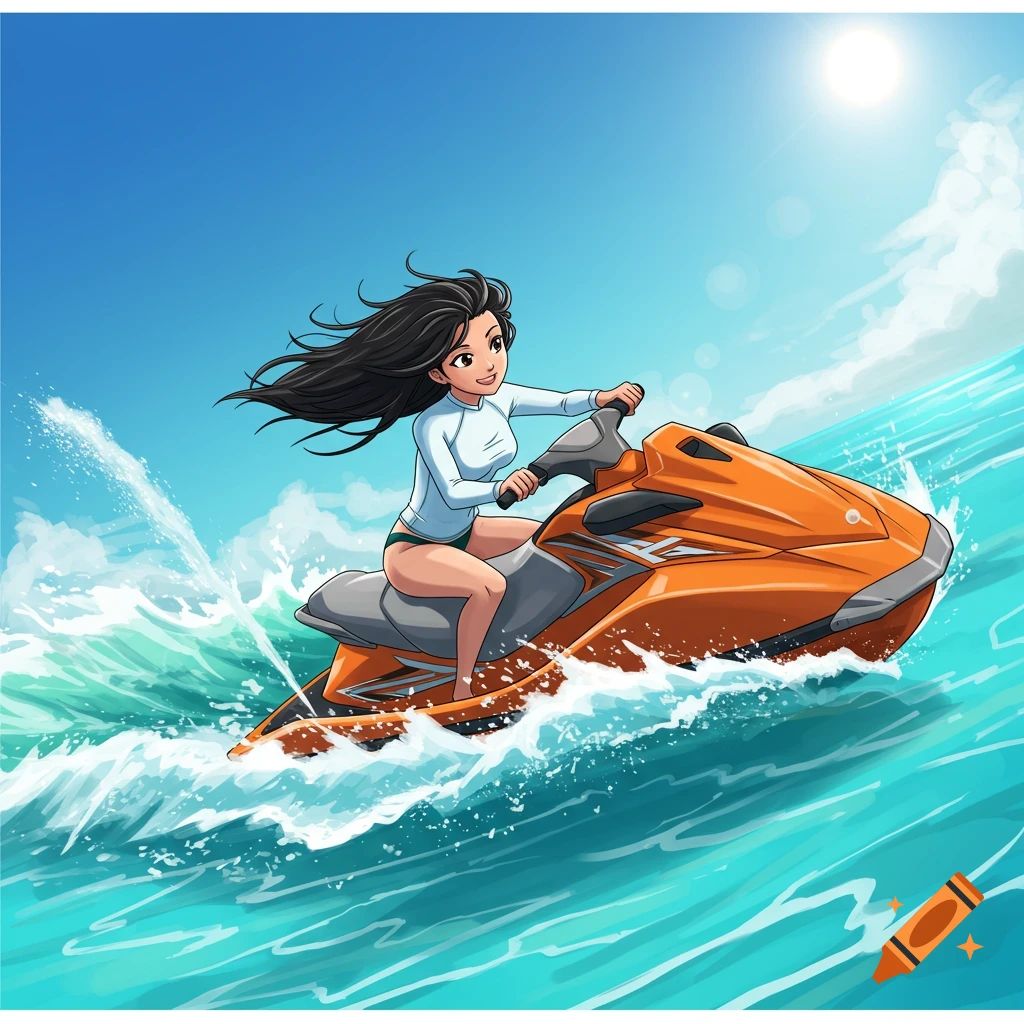 Cartoon woman rides orange jet ski on blue water under sunny sky