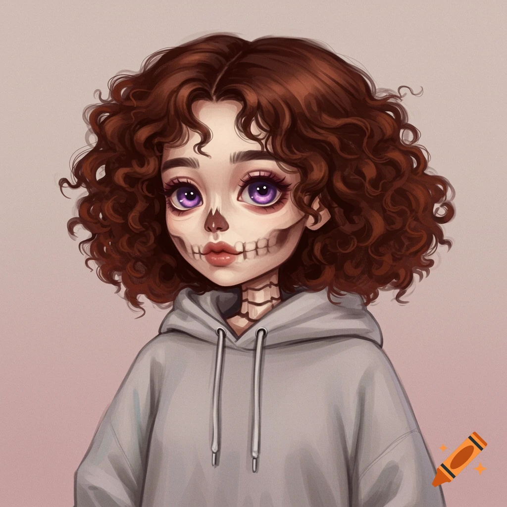 Illustration of a skeleton girl with curly brown hair, purple eyes, and a hoodie.