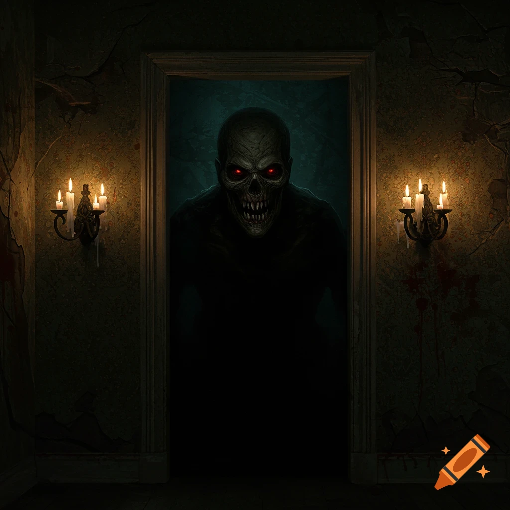 A skeletal monster with glowing red eyes stands in a doorway in a dark, creepy room with candlelight.