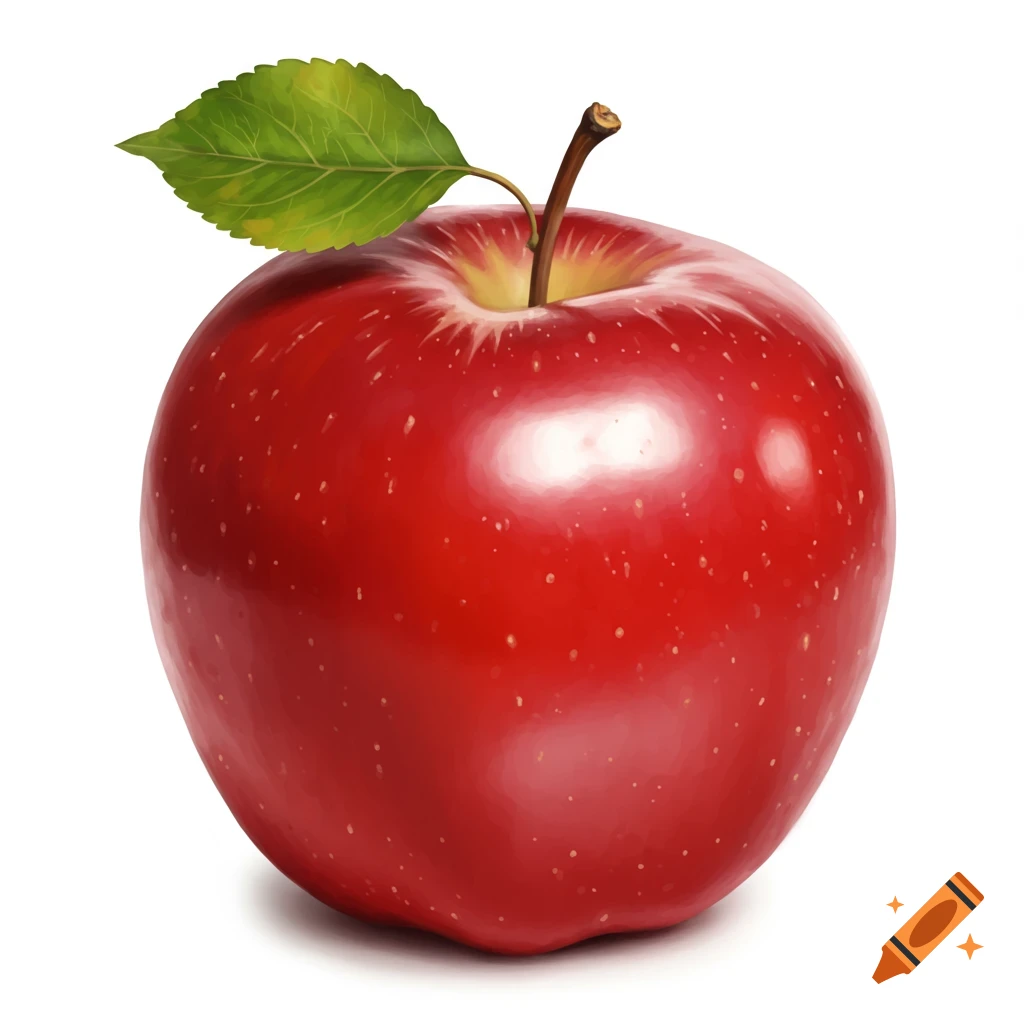 A single red apple with a green leaf and stem on a white background.