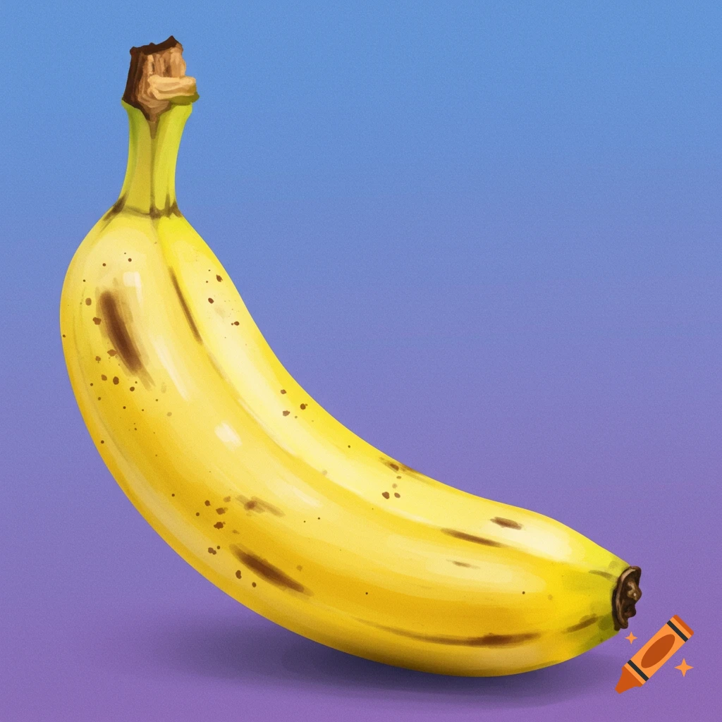 A yellow banana on a blue and purple background.