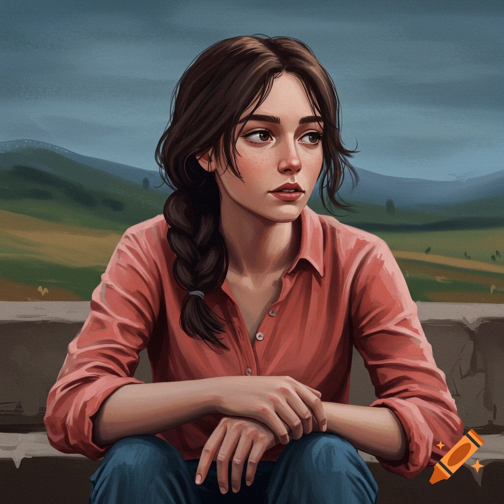 A young woman with brown hair in a braid, wearing a pink shirt, sits outdoors and looks to the side.