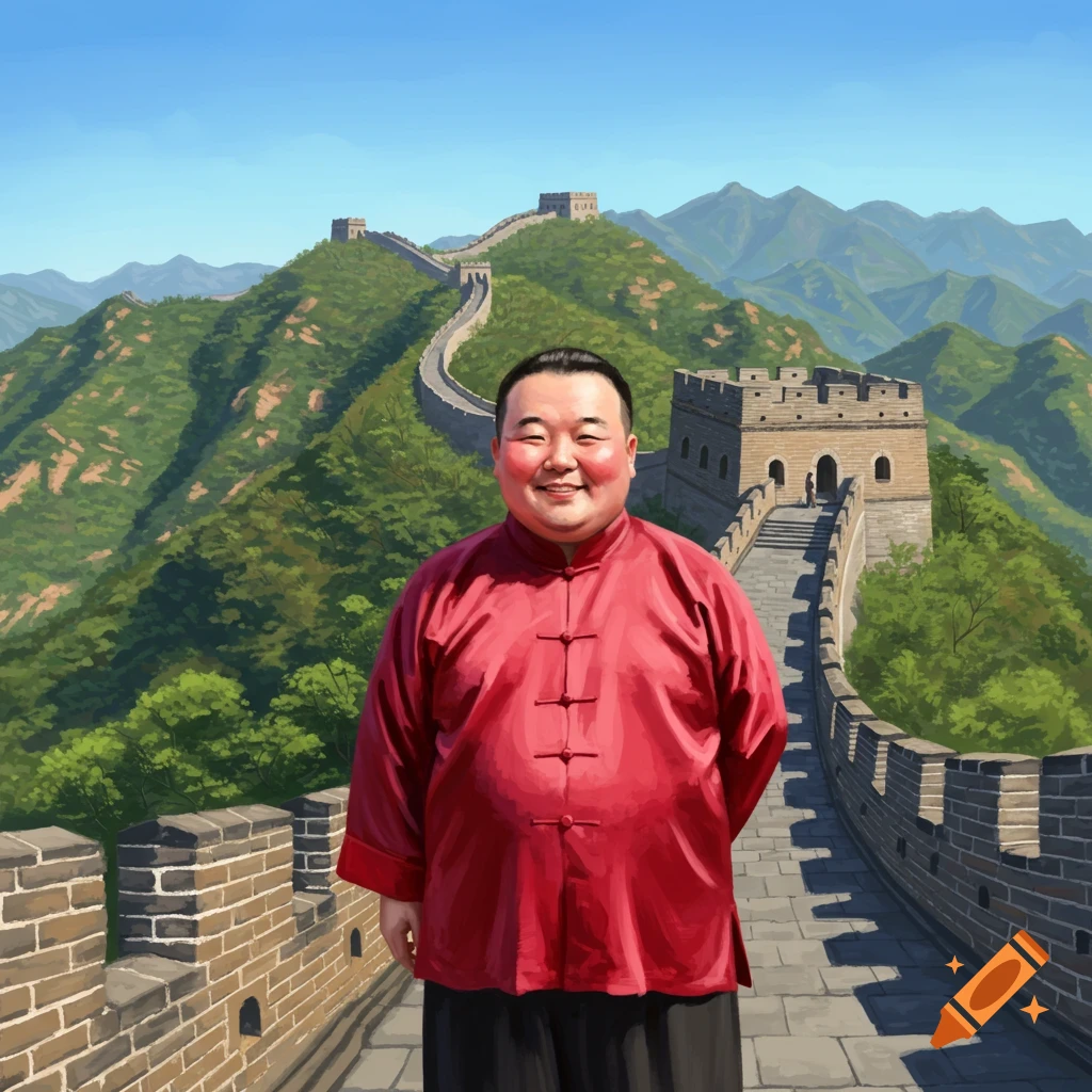 A smiling man in red traditional clothes stands on the Great Wall of China.