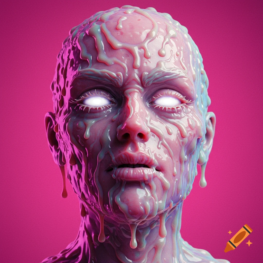 A surreal sci-fi image of a person's face covered in melting substance, with glowing eyes, against a pink background.