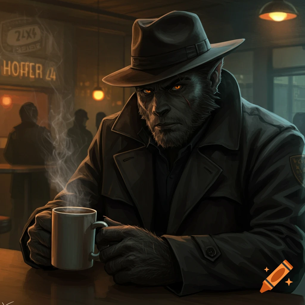 An illustrative image of a werewolf detective in a fedora and trench coat sitting at a bar with a steaming mug of coffee.