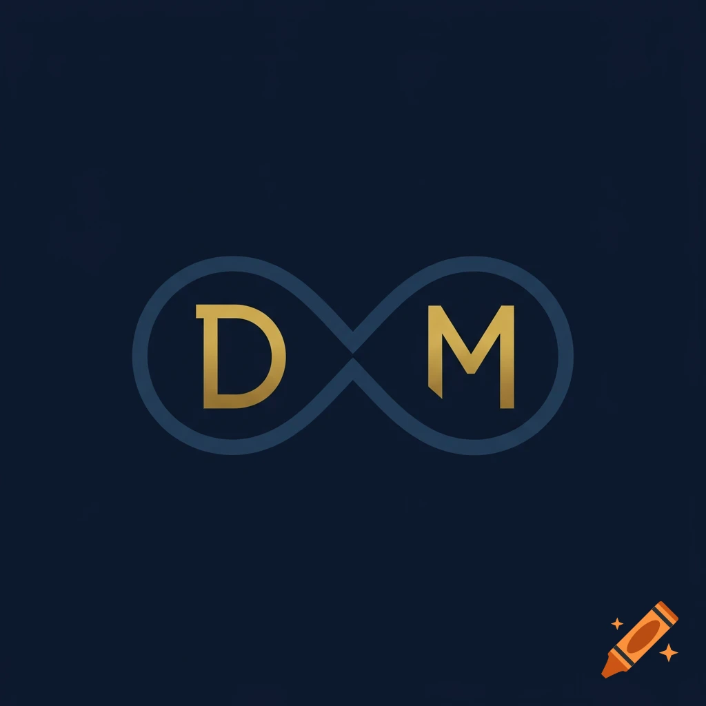 Gold letters D and M inside a gold and blue infinity symbol shape on a dark blue background.