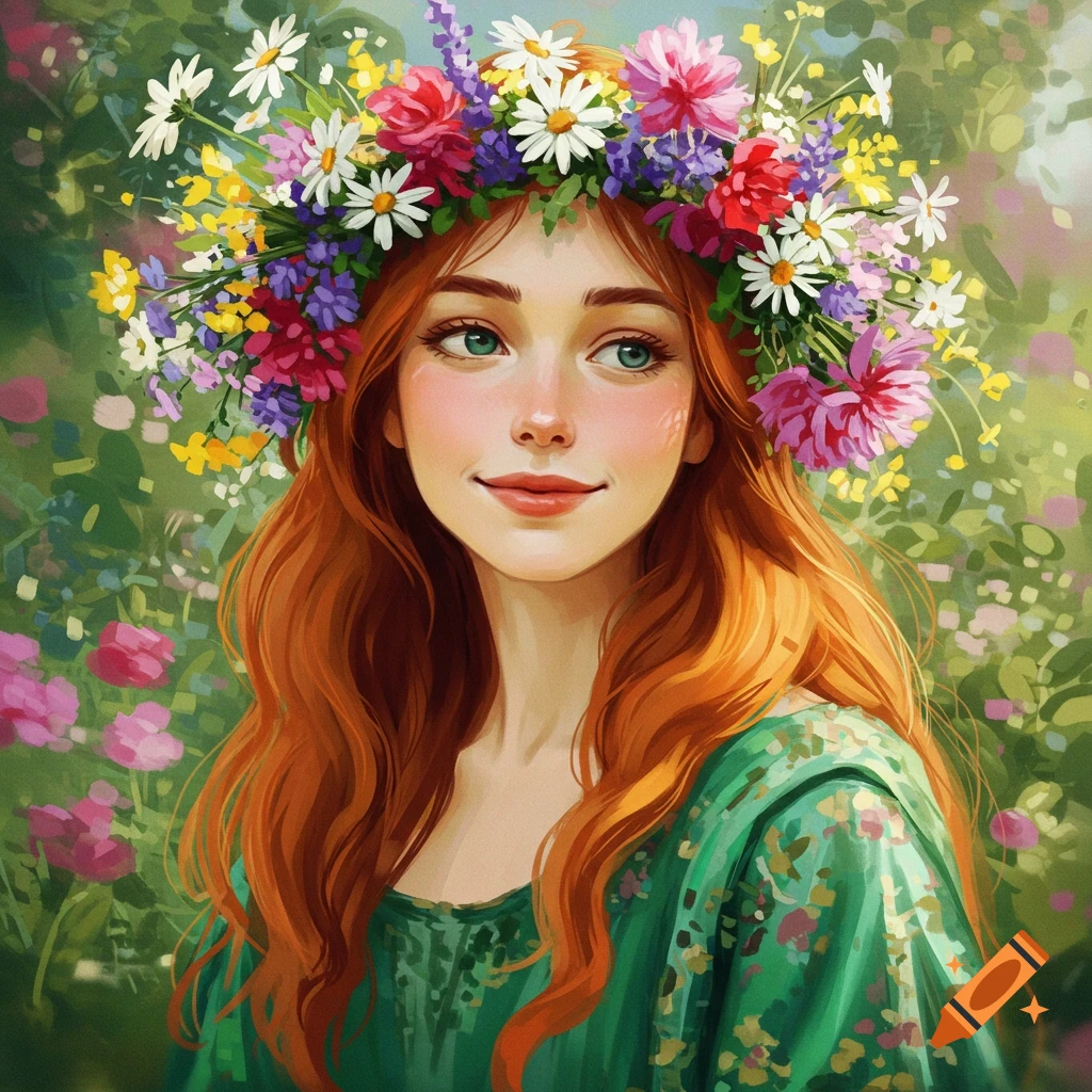 Portrait of a young woman with red hair wearing a colorful flower crown in a garden.