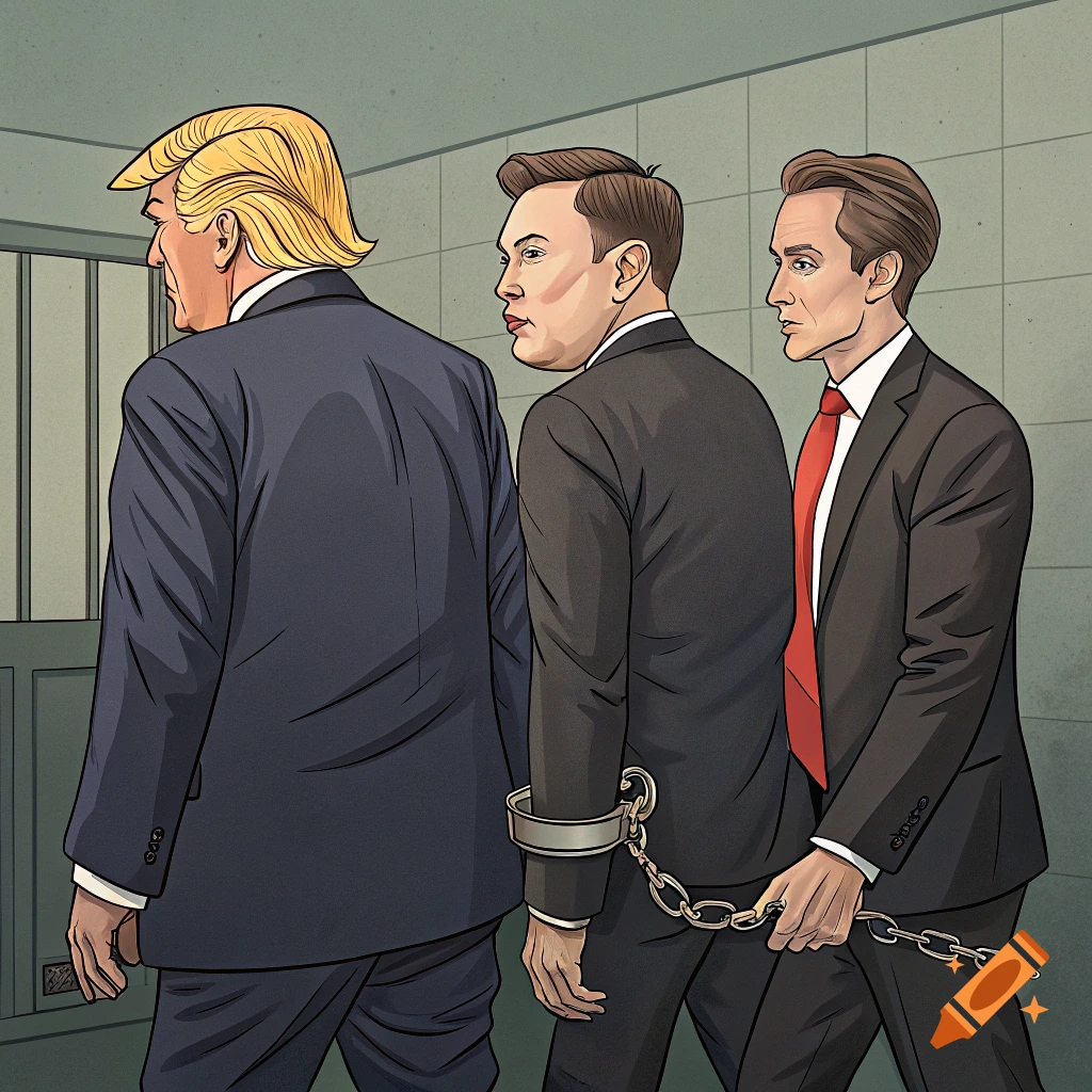 Cartoon of Donald Trump, Elon Musk, and J.D. Vance in suits being led away in chains.
