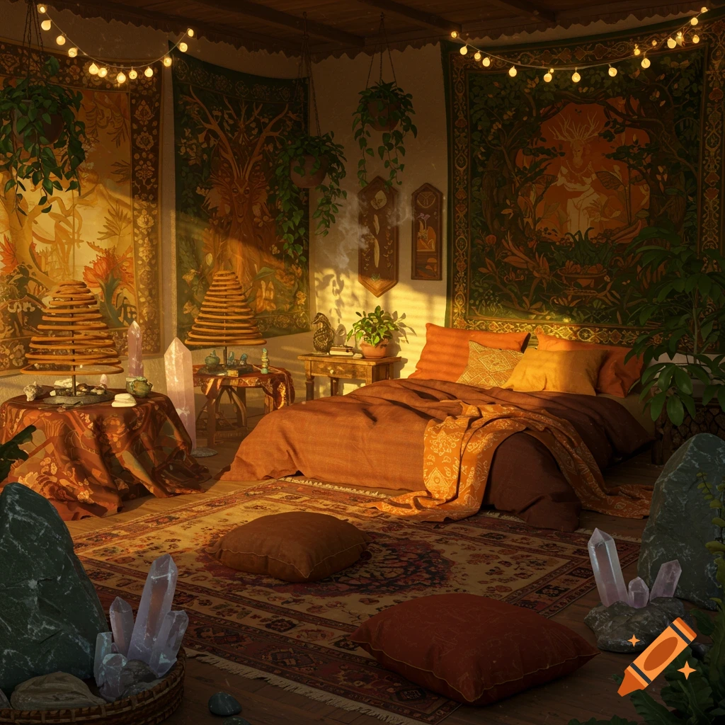 A cozy, bohemian-style bedroom interior with tapestries, crystals, plants, and fairy lights, lit by warm sunlight.