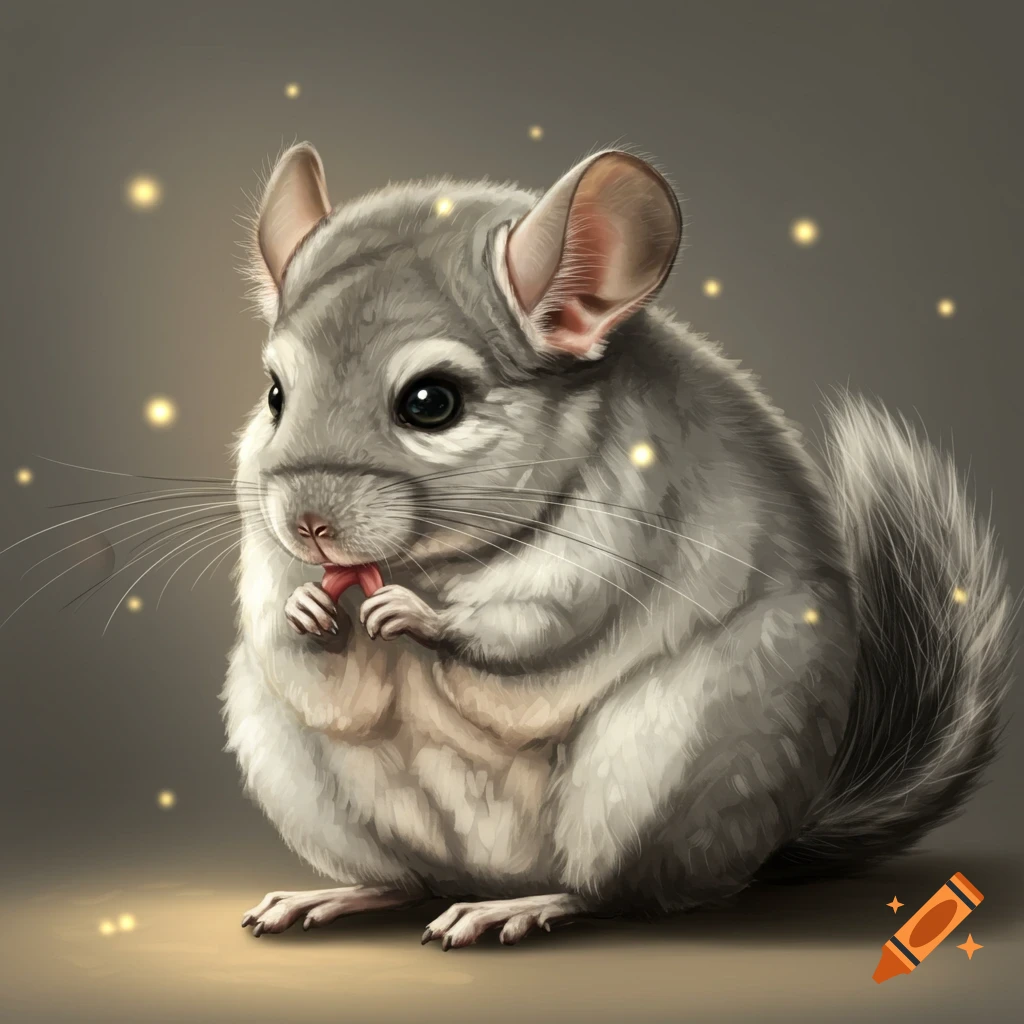 Illustration of a cute chinchilla holding something to its mouth with blurry golden lights.