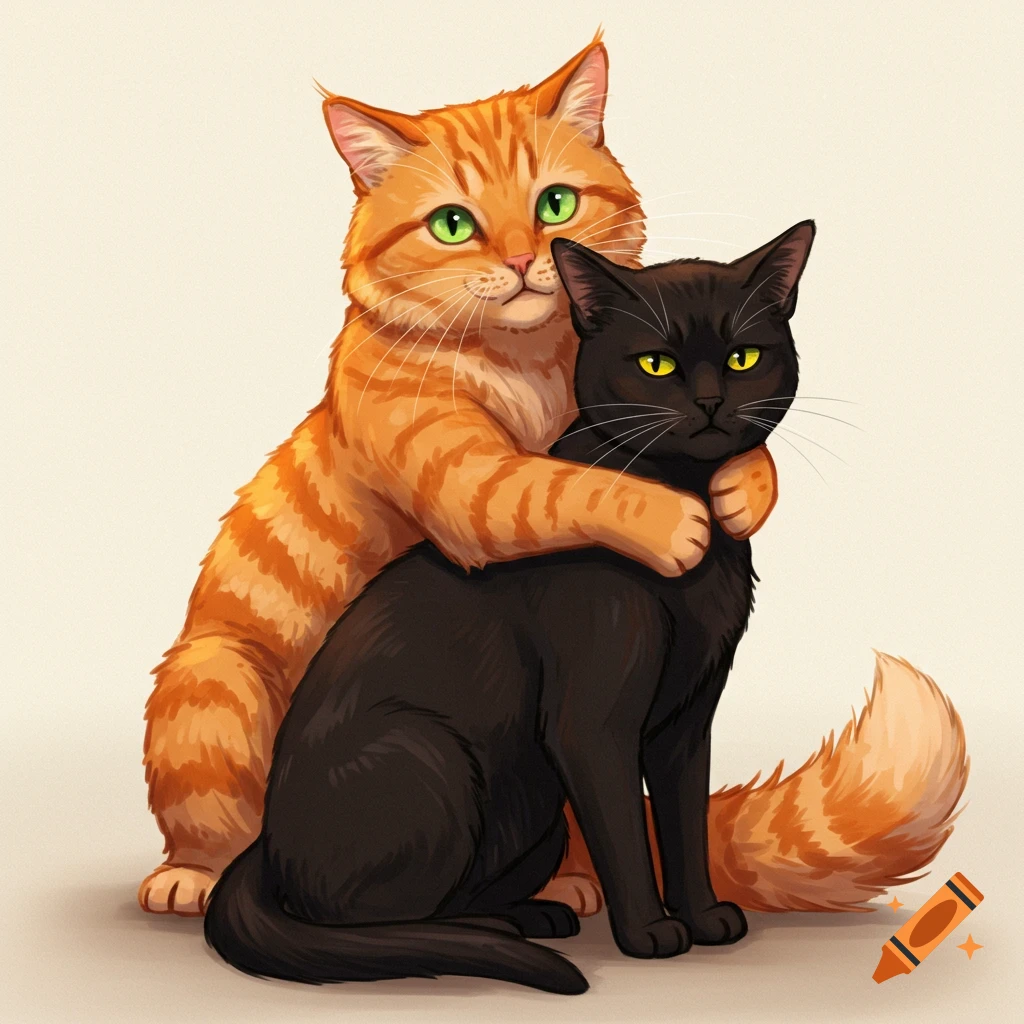 An orange cat hugs a black cat in an illustration.