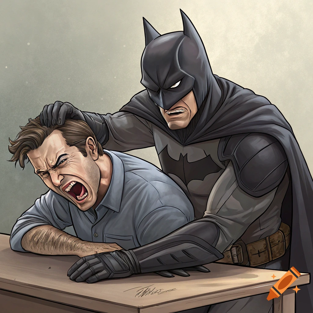 Batman holds a man's head down on a table in a comic book style image.