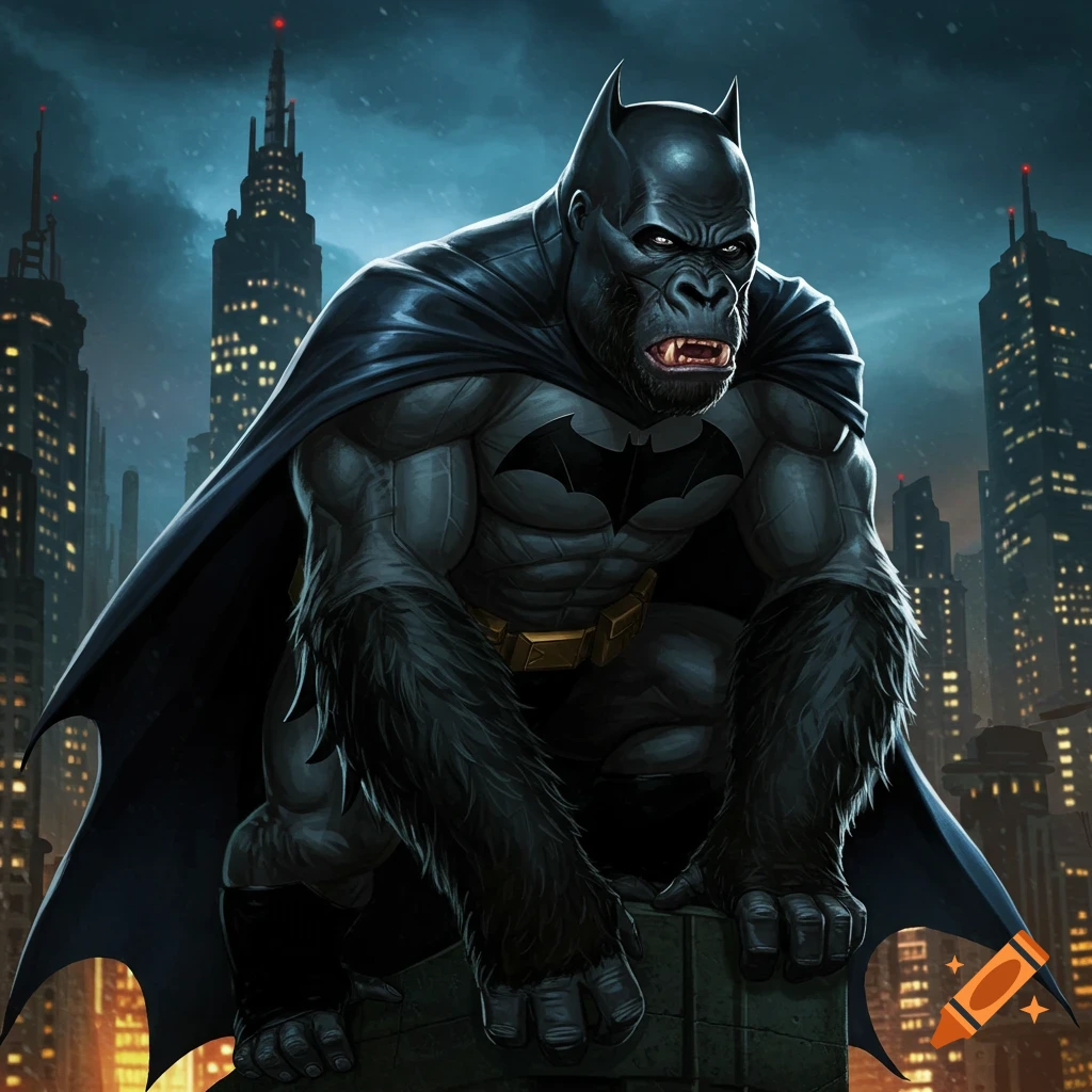 A muscular gorilla wearing a Batman costume crouches on a building ledge with a city skyline in the background.