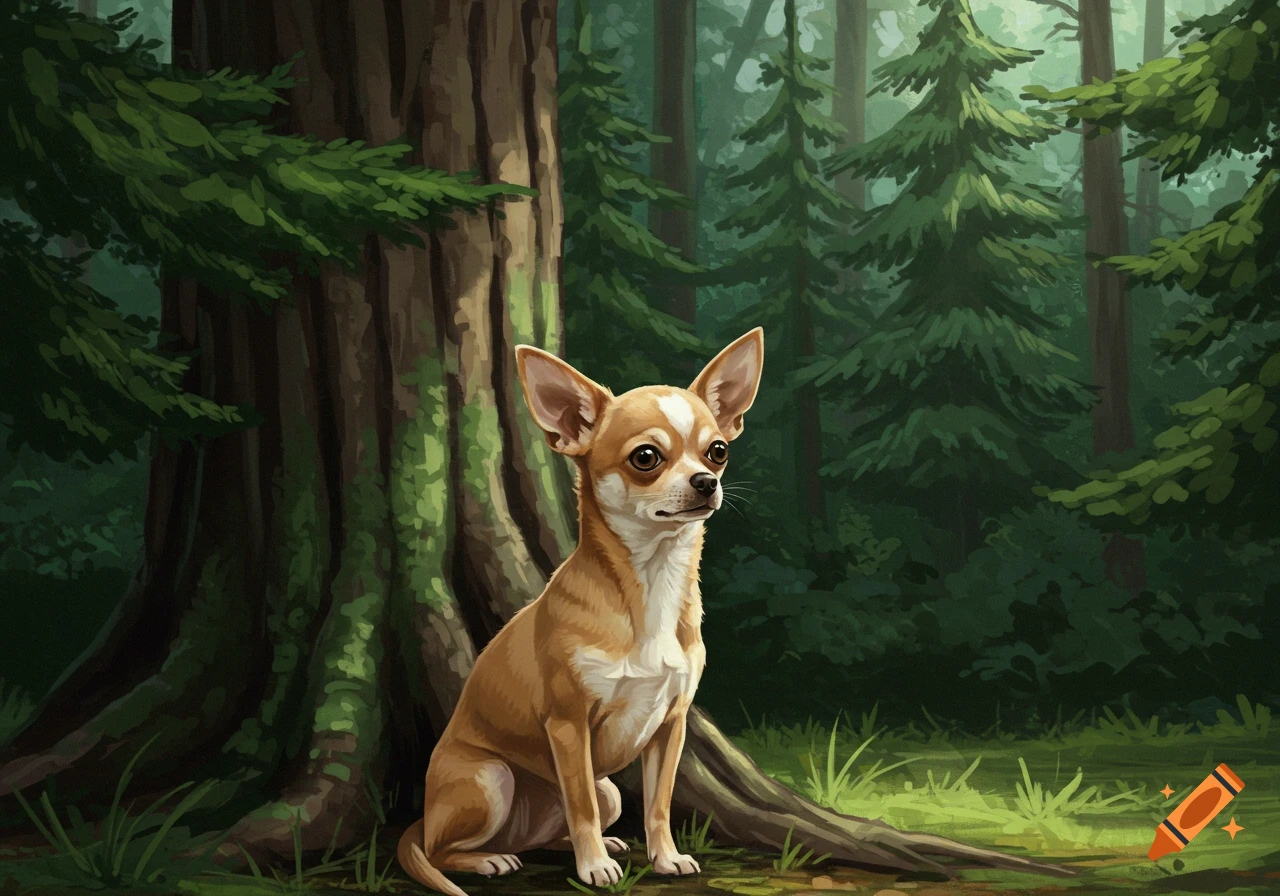 An illustration of a small chihuahua sitting by a tree in a dense evergreen forest.