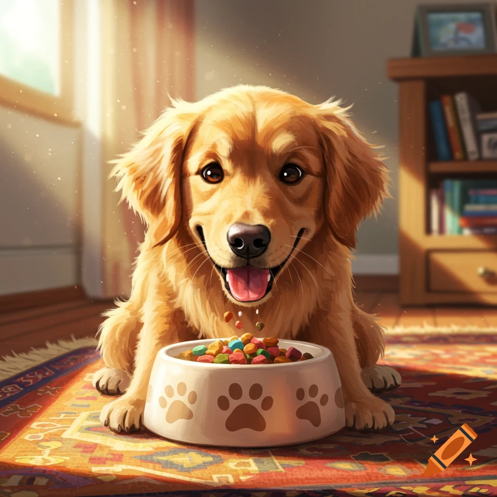 A golden retriever sits in front of a bowl of food on a rug indoors.