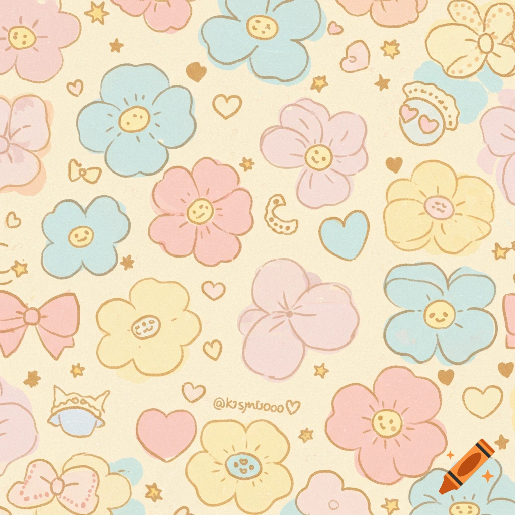 Seamless pattern of pastel cartoon flowers, hearts, stars, and bows on a cream background