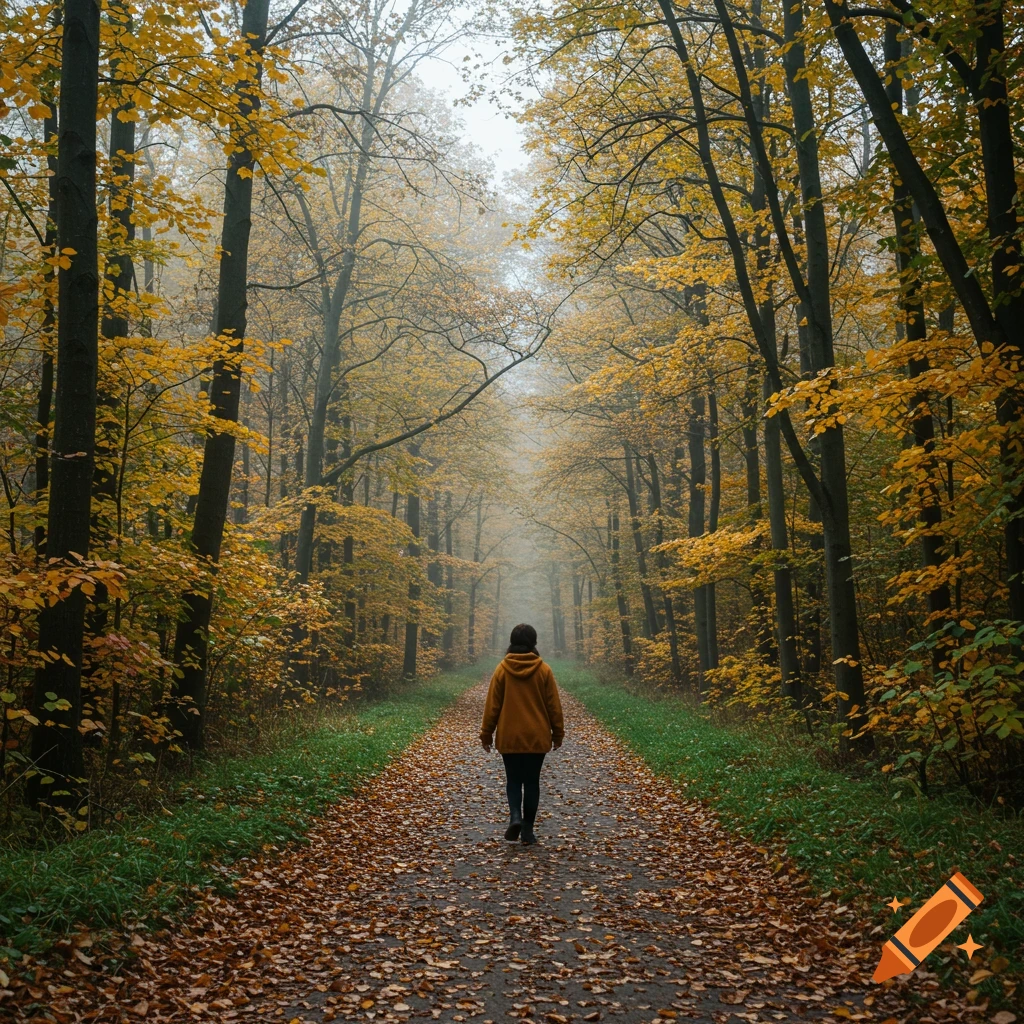 A person walks away down a leaf-covered path through a foggy autumn forest.