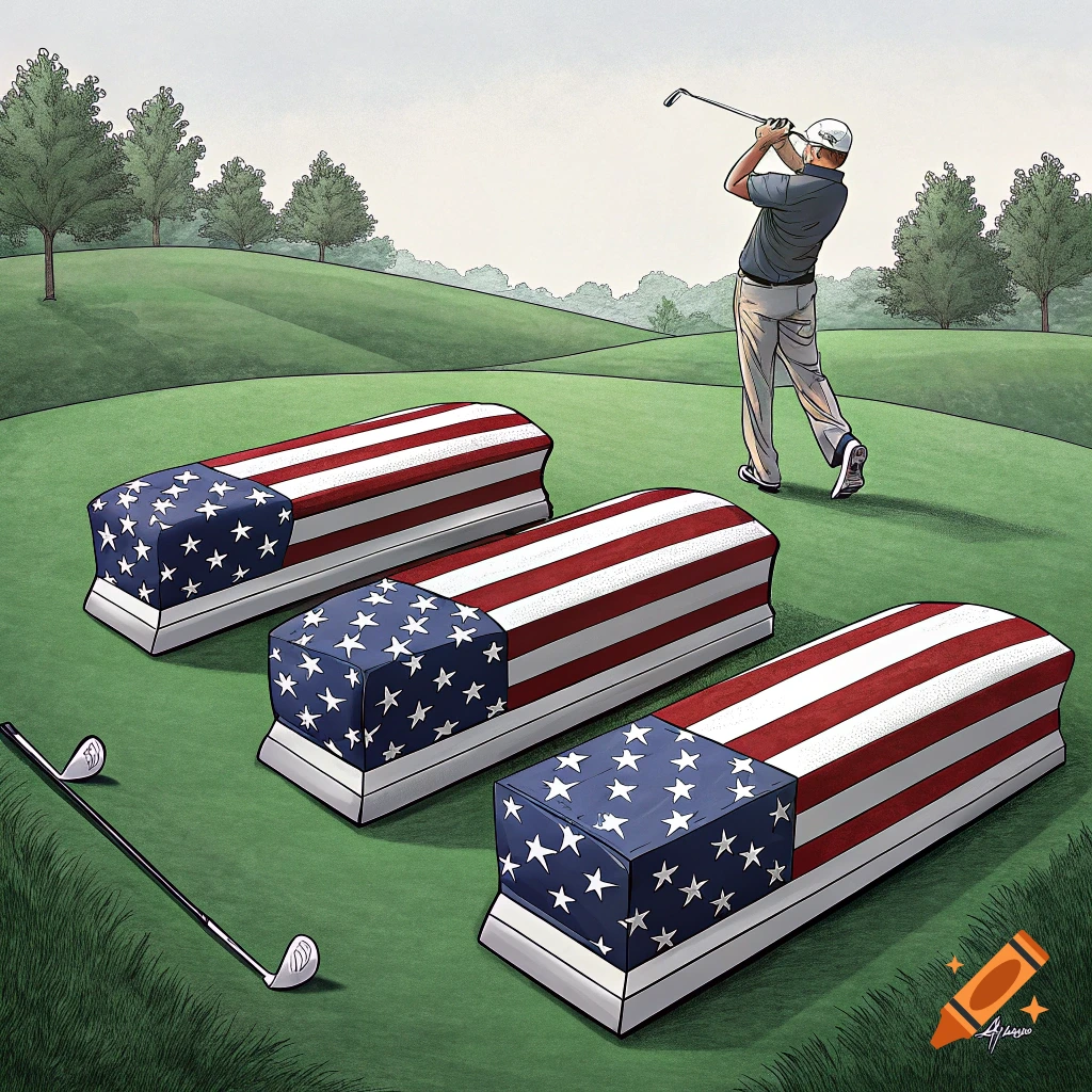 Illustration of a golfer on a green with three American flag-draped caskets