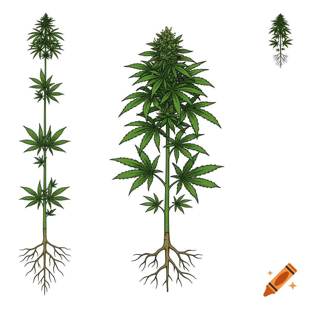 Illustrations of cannabis plants with roots.