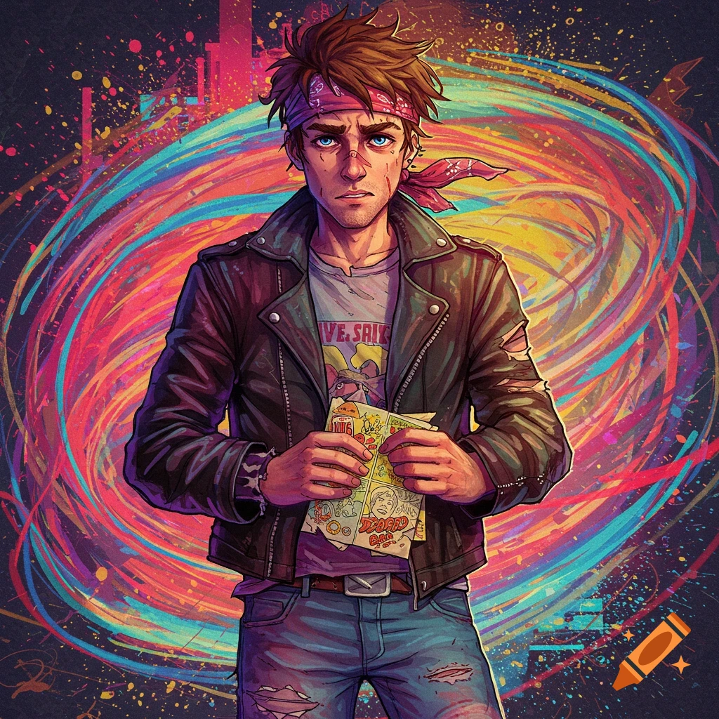 Stylized illustration of a man in a leather jacket and bandana holding paper, with a colorful swirling background.