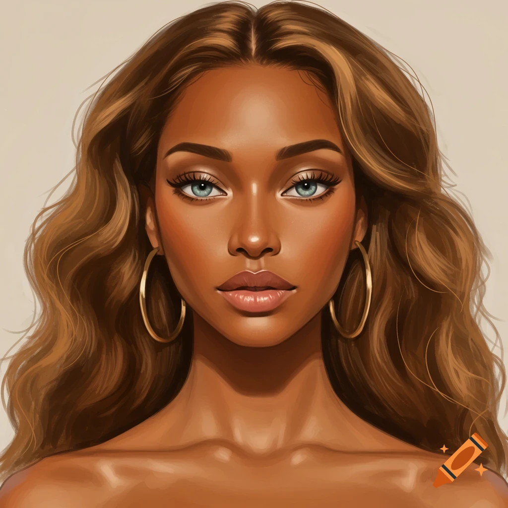 Digital portrait of a woman with long brown hair, golden skin, light blue eyes, and gold hoop earrings.