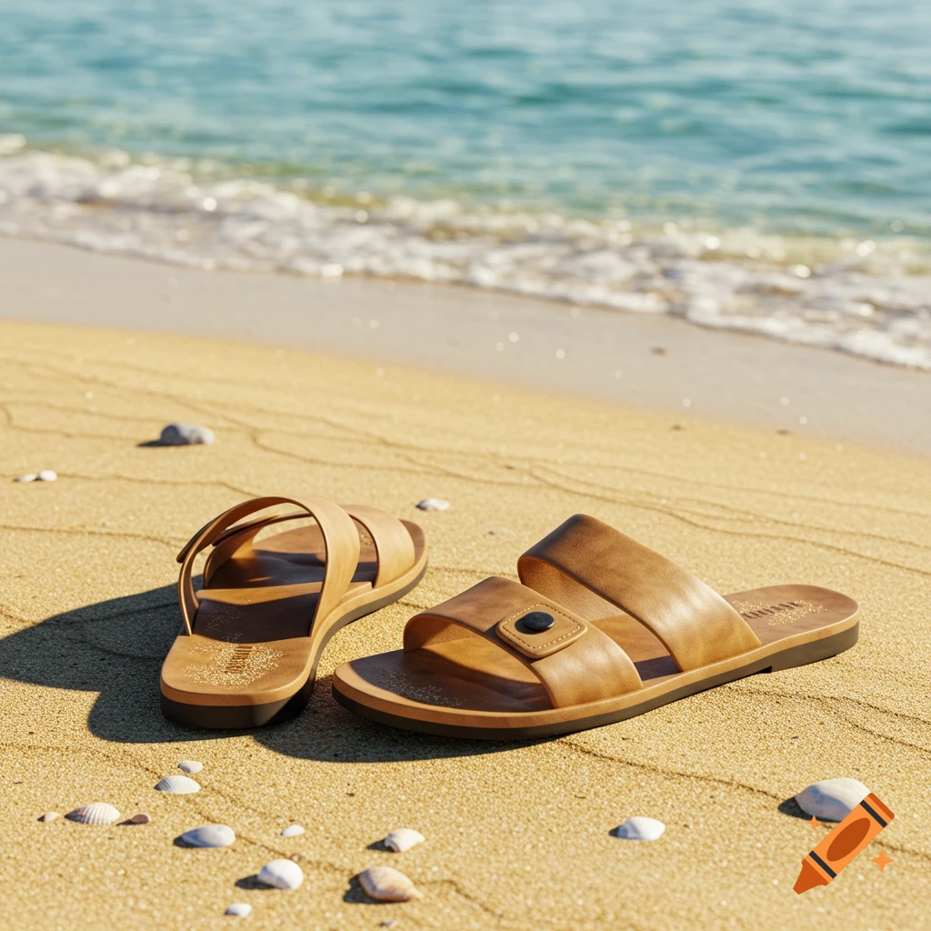 Photorealistic image of two leather sandals on a sandy beach shore