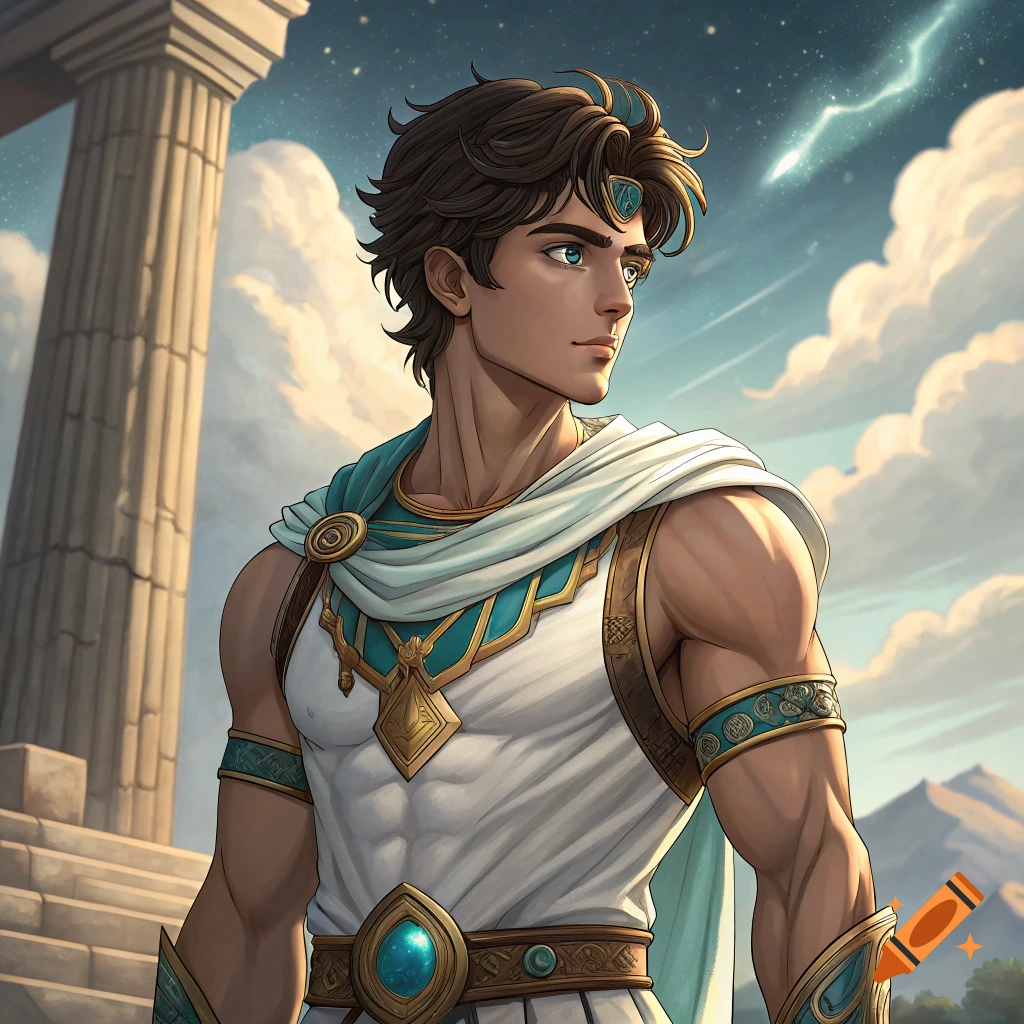 Illustration of a young man in Greek attire standing by a column with lightning in the sky