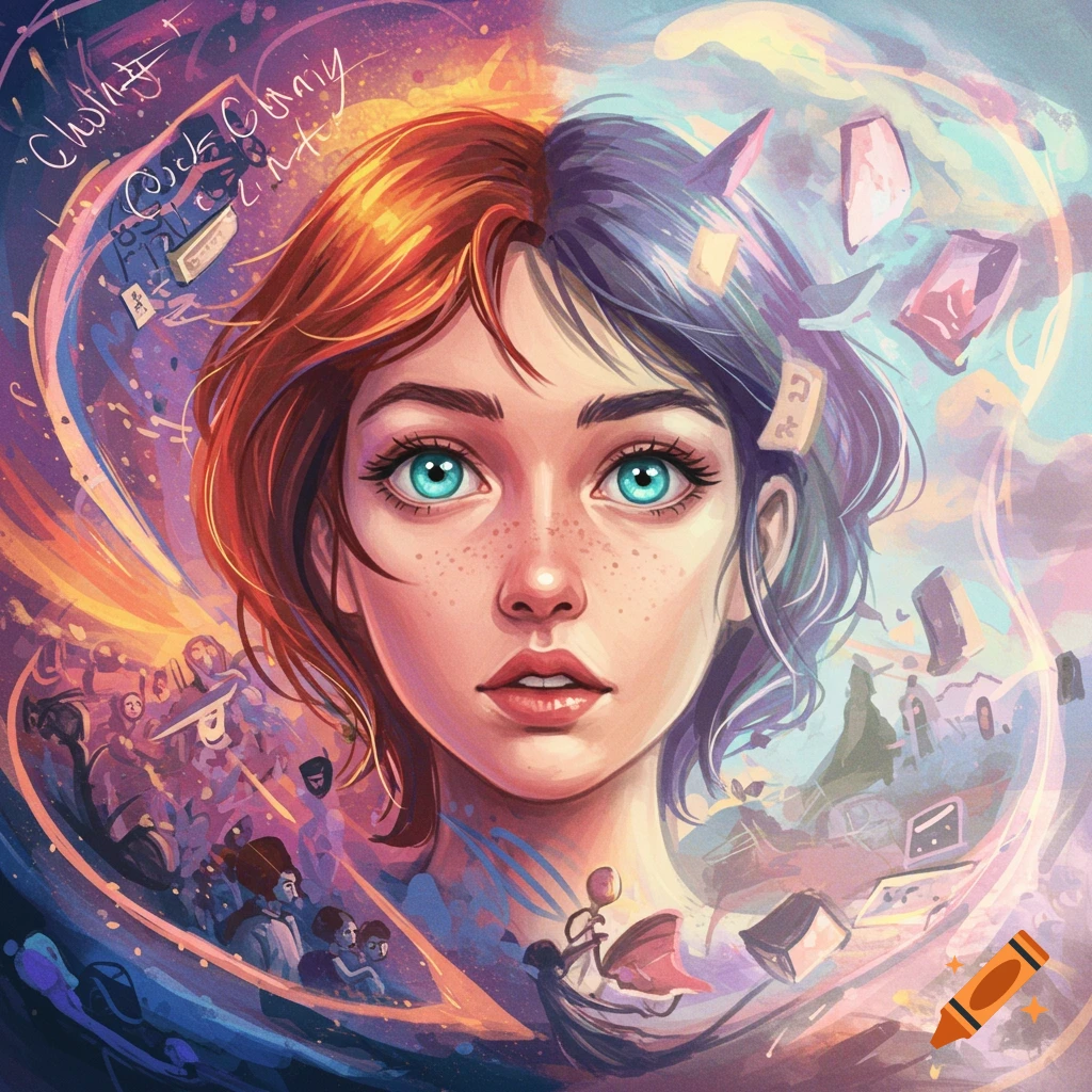 A stylized illustration of a young woman with split orange and blue hair and blue eyes, surrounded by abstract shapes and figures.